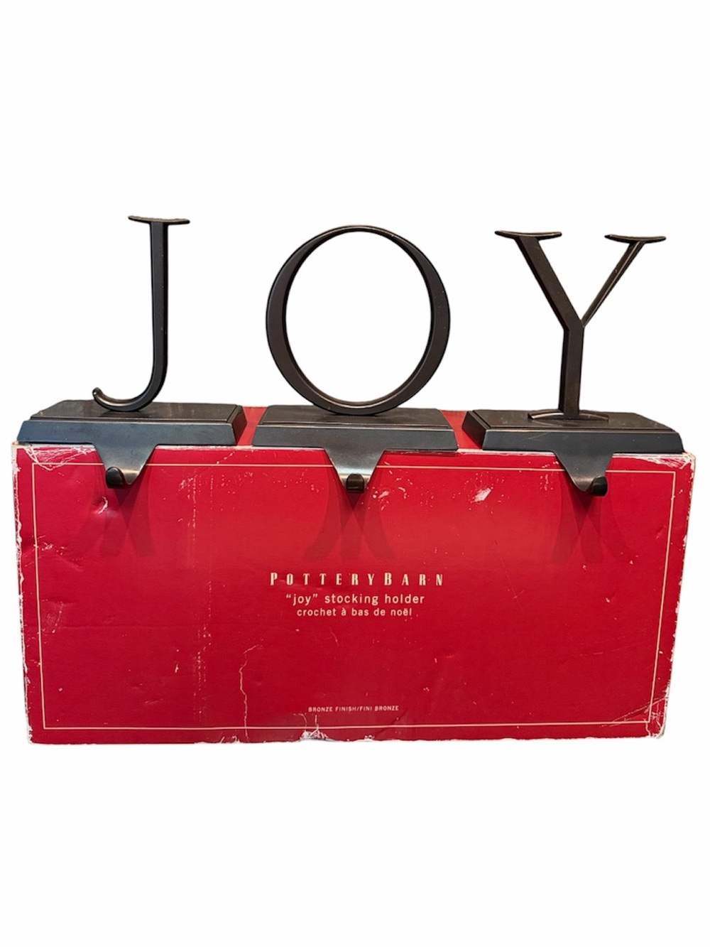 Pottery Barn "JOY" Stocking Holders Set of 3 Bronze Finish Holiday Mantle Hooks